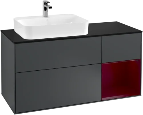 VILLEROY BOCH Toaletní skříňka Finion, s osvětlením, 3 výsuvy, 1200 x 603 x 501 mm, Midnight Blue Matt Lacquer / Peony Matt Lacquer / Glass Black Matt #F402HBHG