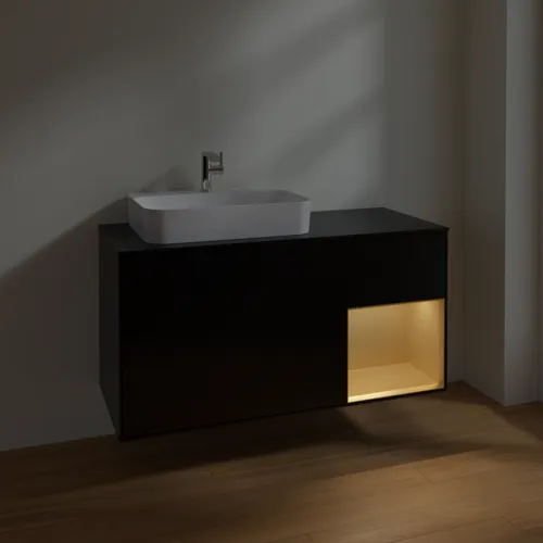 VILLEROY BOCH Toaletní skříňka Finion, s osvětlením, 3 výsuvy, 1200 x 603 x 501 mm, černý matný lak / zlatý matný lak / černé matné sklo #F402HFPD, obrázek 5