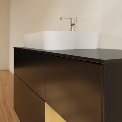 VILLEROY BOCH Toaletní skříňka Finion, s osvětlením, 3 výsuvy, 1200 x 603 x 501 mm, černý matný lak / zlatý matný lak / černé matné sklo #F402HFPD, obrázek 6