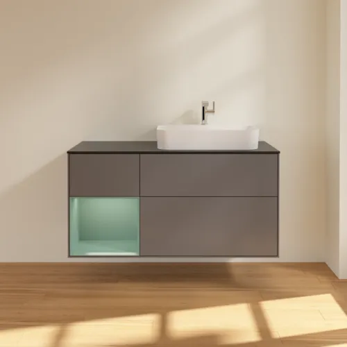 VILLEROY BOCH Toaletní skříňka Finion, s osvětlením, 3 výsuvy, 1200 x 603 x 501 mm, antracitový matný lak / olivový matný lak / černé matné sklo #F392GMGK, obrázek 3