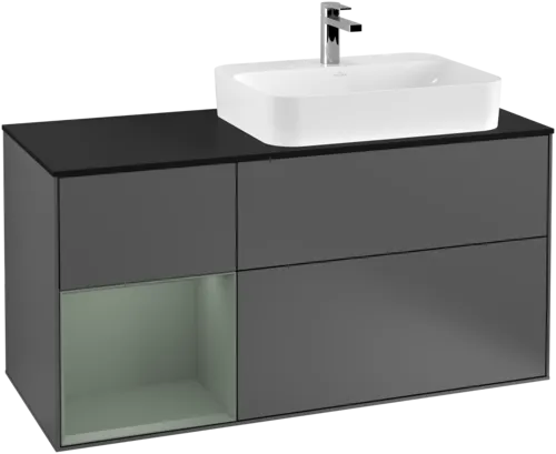 VILLEROY BOCH Toaletní skříňka Finion, s osvětlením, 3 výsuvy, 1200 x 603 x 501 mm, antracitový matný lak / olivový matný lak / černé matné sklo #F392GMGK