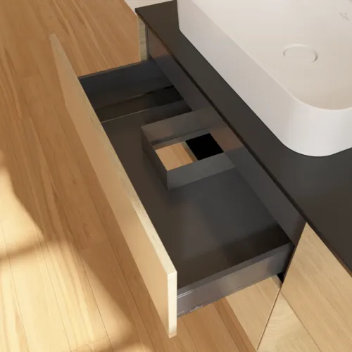 VILLEROY BOCH Toaletní stolek Finion, s osvětlením, 3 výsuvy, 1200 x 603 x 501 mm, dubová dýha / dubová dýha / sklo černé matné #F402PCPC, obrázek 8