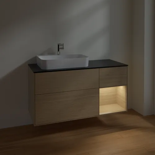 VILLEROY BOCH Toaletní stolek Finion, s osvětlením, 3 výsuvy, 1200 x 603 x 501 mm, dubová dýha / dubová dýha / sklo černé matné #F402PCPC, obrázek 5