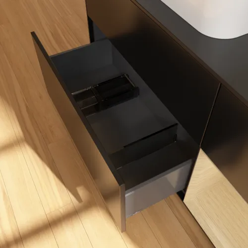 VILLEROY BOCH Toaletní skříňka Finion, s osvětlením, 3 výsuvy, 1200 x 603 x 501 mm, černý matný lak / dubová dýha / černé matné sklo #F402PCPD, obrázek 7