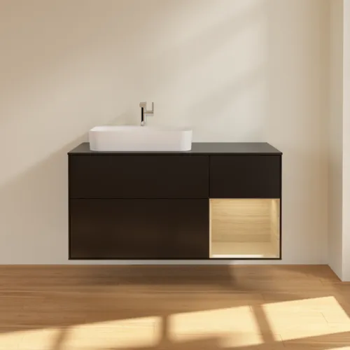 VILLEROY BOCH Toaletní skříňka Finion, s osvětlením, 3 výsuvy, 1200 x 603 x 501 mm, černý matný lak / dubová dýha / černé matné sklo #F402PCPD, obrázek 3