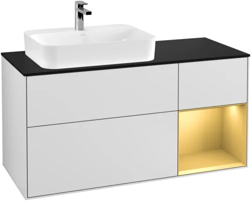 VILLEROY BOCH Toaletní skříňka Finion, s osvětlením, 3 výsuvy, 1200 x 603 x 501 mm, bílý matný lak / zlatý matný lak / černé matné sklo #F402HFMT, obrázek 1