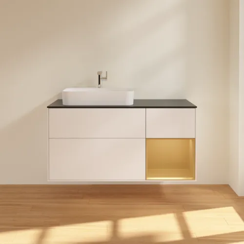 VILLEROY BOCH Toaletní skříňka Finion, s osvětlením, 3 výsuvy, 1200 x 603 x 501 mm, bílý matný lak / zlatý matný lak / černé matné sklo #F402HFMT, obrázek 3