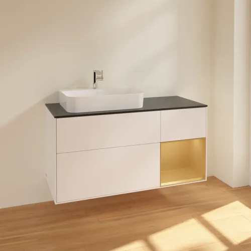 VILLEROY BOCH Toaletní skříňka Finion, s osvětlením, 3 výsuvy, 1200 x 603 x 501 mm, bílý matný lak / zlatý matný lak / černé matné sklo #F402HFMT, obrázek 2
