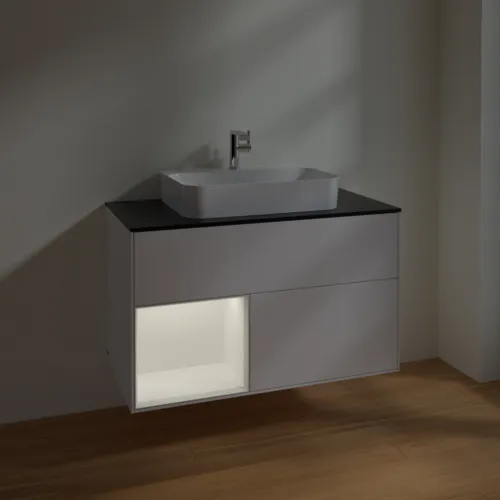 VILLEROY BOCH Toaletní skříňka Finion, s osvětlením, 2 výsuvy, 1000 x 603 x 501 mm, bílý matný lak / bílý matný lak / černé matné sklo #F362MTMT, obrázek 5