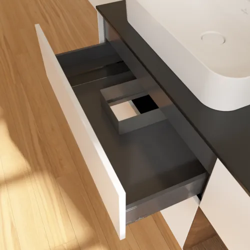 VILLEROY BOCH Toaletní skříňka Finion, s osvětlením, 3 výsuvy, 1200 x 603 x 501 mm, bílý matný lak / ořechová dýha / černé matné sklo #F402GNMT, obrázek 8