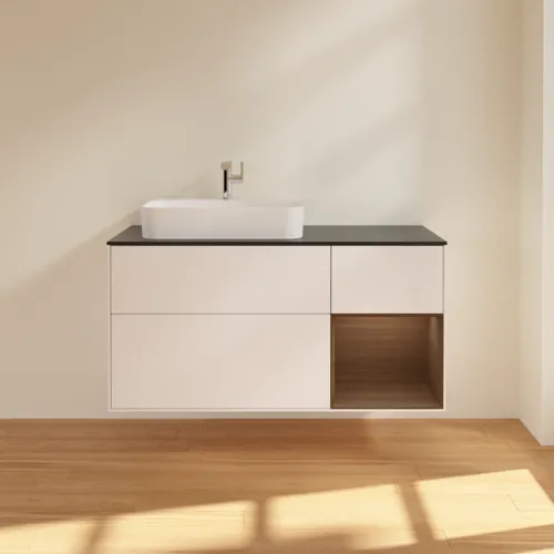 VILLEROY BOCH Toaletní skříňka Finion, s osvětlením, 3 výsuvy, 1200 x 603 x 501 mm, bílý matný lak / ořechová dýha / černé matné sklo #F402GNMT, obrázek 3