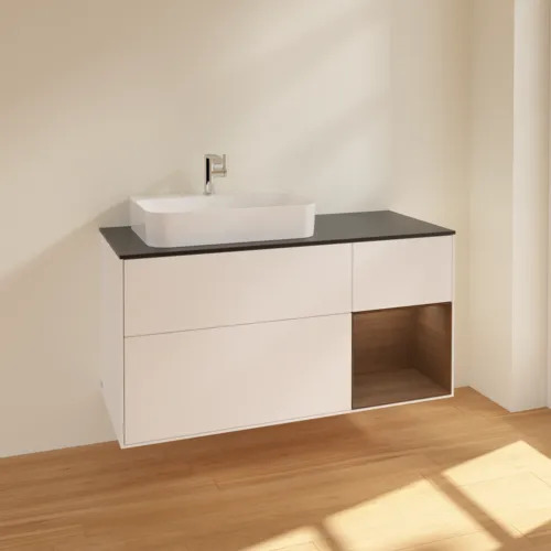 VILLEROY BOCH Toaletní skříňka Finion, s osvětlením, 3 výsuvy, 1200 x 603 x 501 mm, bílý matný lak / ořechová dýha / černé matné sklo #F402GNMT, obrázek 2