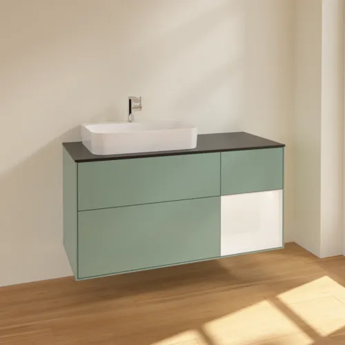 VILLEROY BOCH Toaletní skříňka Finion, s osvětlením, 3 výsuvy, 1200 x 603 x 501 mm, olivový matný lak / bílý matný lak / černé matné sklo #F402MTGM, obrázek 2