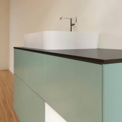 VILLEROY BOCH Toaletní skříňka Finion, s osvětlením, 3 výsuvy, 1200 x 603 x 501 mm, olivový matný lak / bílý matný lak / černé matné sklo #F402MTGM, obrázek 6