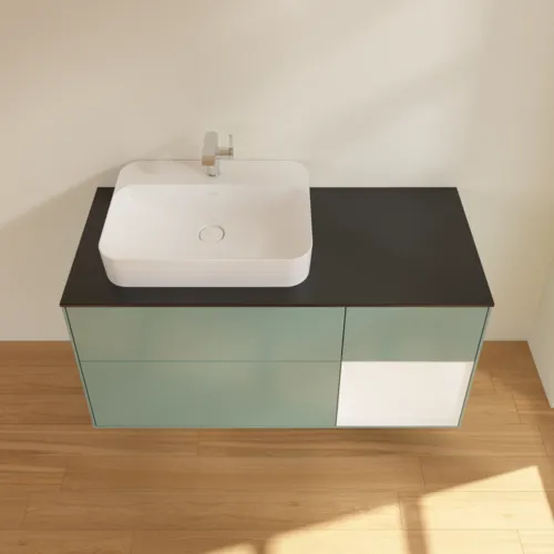 VILLEROY BOCH Toaletní skříňka Finion, s osvětlením, 3 výsuvy, 1200 x 603 x 501 mm, olivový matný lak / bílý matný lak / černé matné sklo #F402MTGM, obrázek 4