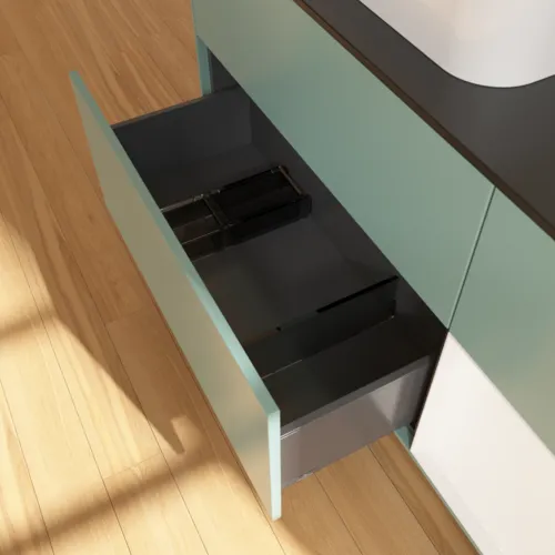 VILLEROY BOCH Toaletní skříňka Finion, s osvětlením, 3 výsuvy, 1200 x 603 x 501 mm, olivový matný lak / bílý matný lak / černé matné sklo #F402MTGM, obrázek 7