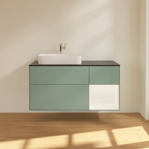 VILLEROY BOCH Toaletní skříňka Finion, s osvětlením, 3 výsuvy, 1200 x 603 x 501 mm, olivový matný lak / bílý matný lak / černé matné sklo #F402MTGM, obrázek 3