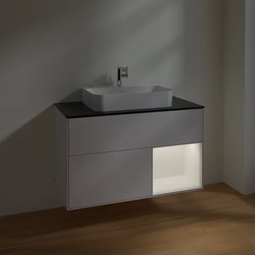 VILLEROY BOCH Umyvadlová skříňka Finion, s osvětlením, 2 výsuvy, 1000 x 603 x 501 mm, lesklý bílý lak / bílý matný lak / černé matné sklo #F372MTGF, obrázek 5