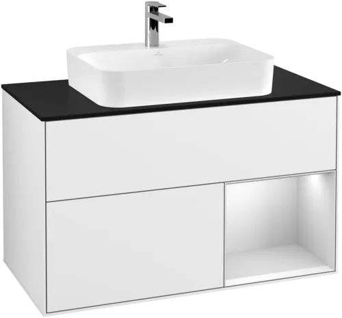 VILLEROY BOCH Umyvadlová skříňka Finion, s osvětlením, 2 výsuvy, 1000 x 603 x 501 mm, lesklý bílý lak / bílý matný lak / černé matné sklo #F372MTGF, obrázek 1
