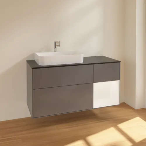 VILLEROY BOCH Toaletní skříňka Finion, s osvětlením, 3 výsuvy, 1200 x 603 x 501 mm, antracitový matný lak / bílý matný lak / černé matné sklo #F402MTGK, obrázek 2