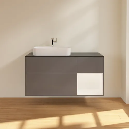 VILLEROY BOCH Toaletní skříňka Finion, s osvětlením, 3 výsuvy, 1200 x 603 x 501 mm, antracitový matný lak / bílý matný lak / černé matné sklo #F402MTGK, obrázek 3