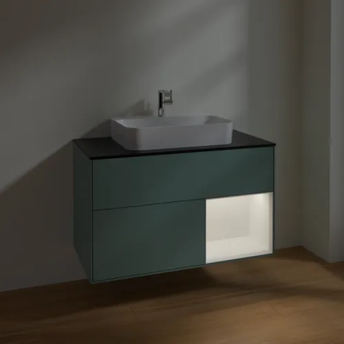 VILLEROY BOCH Toaletní skříňka Finion, s osvětlením, 2 výsuvy, 1000 x 603 x 501 mm, olivový matný lak / bílý matný lak / černé matné sklo #F372MTGM, obrázek 5