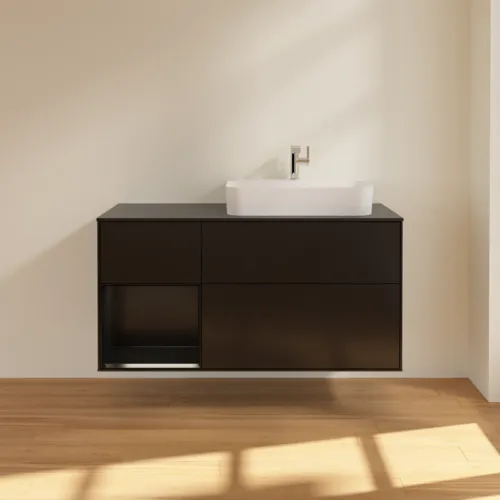 VILLEROY BOCH Toaletní skříňka Finion, s osvětlením, 3 výsuvy, 1200 x 603 x 501 mm, černý matný lak / černý matný lak / černé matné sklo #F392PDPD, obrázek 3