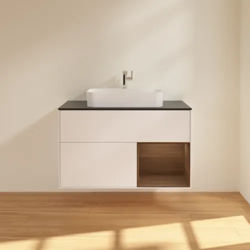 VILLEROY BOCH Toaletní skříňka Finion, s osvětlením, 2 výsuvy, 1000 x 603 x 501 mm, bílý matný lak / ořechová dýha / černé matné sklo #F372GNMT, obrázek 3