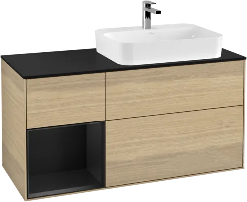 VILLEROY BOCH Toaletní skříňka Finion, s osvětlením, 3 výsuvy, 1200 x 603 x 501 mm, dubová dýha / černý matný lak / černé matné sklo #F392PDPC