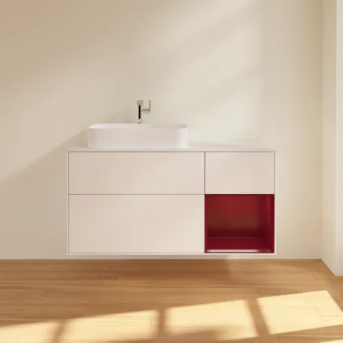 VILLEROY BOCH Toaletní skříňka Finion, s osvětlením, 3 výsuvy, 1200 x 603 x 501 mm, bílý matný lak / pivoňkový matný lak / sklo bílé matné #F401HBMT, obrázek 3
