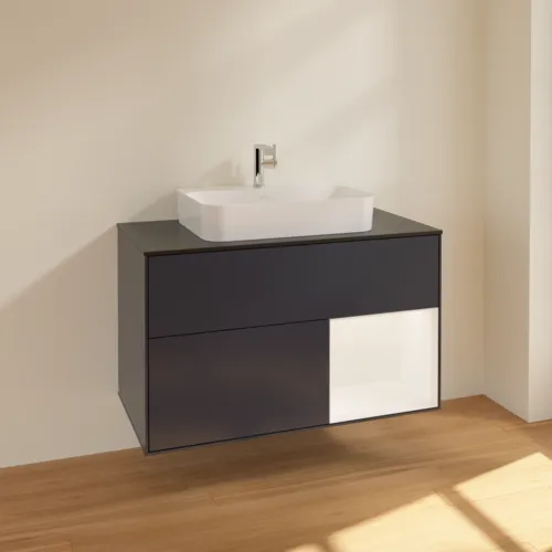 VILLEROY BOCH Toaletní skříňka Finion, s osvětlením, 2 výsuvy, 1000 x 603 x 501 mm, Midnight Blue Matt Lacquer / White Matt Lacquer / Glass Black Matt #F372MTHG, obrázek 2