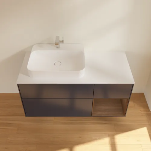 VILLEROY BOCH Toaletní skříňka Finion, s osvětlením, 3 výsuvy, 1200 x 603 x 501 mm, půlnočně modrý matný lak / ořechová dýha / bílé matné sklo #F401GNHG, obrázek 4