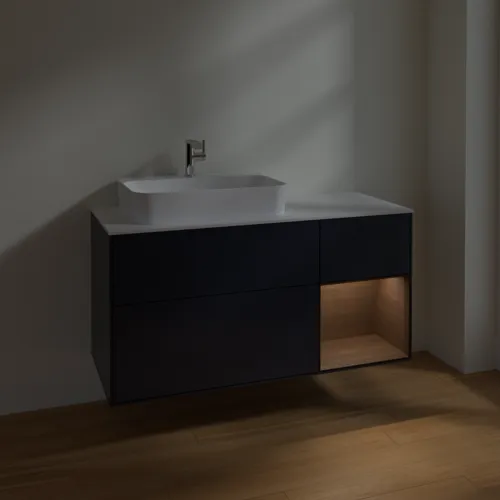 VILLEROY BOCH Toaletní skříňka Finion, s osvětlením, 3 výsuvy, 1200 x 603 x 501 mm, půlnočně modrý matný lak / ořechová dýha / bílé matné sklo #F401GNHG, obrázek 5