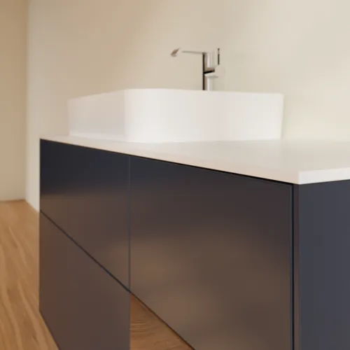 VILLEROY BOCH Toaletní skříňka Finion, s osvětlením, 3 výsuvy, 1200 x 603 x 501 mm, půlnočně modrý matný lak / ořechová dýha / bílé matné sklo #F401GNHG, obrázek 6