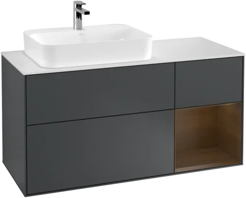 VILLEROY BOCH Toaletní skříňka Finion, s osvětlením, 3 výsuvy, 1200 x 603 x 501 mm, půlnočně modrý matný lak / ořechová dýha / bílé matné sklo #F401GNHG