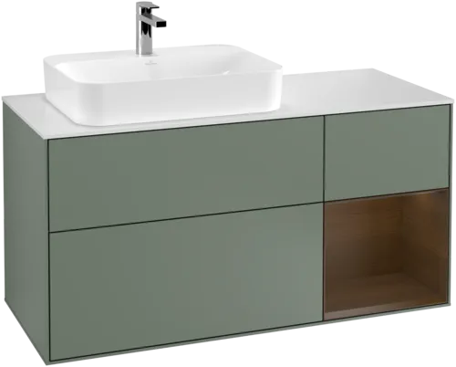 VILLEROY BOCH Toaletní skříňka Finion, s osvětlením, 3 výsuvy, 1200 x 603 x 501 mm, olivový matný lak / ořechová dýha / sklo bílé matné #F401GNGM, obrázek 1