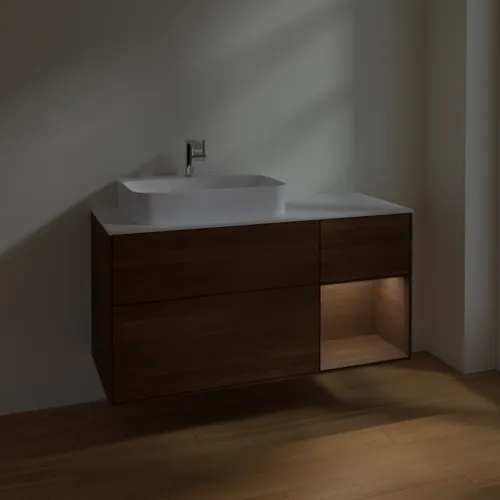 VILLEROY BOCH Toaletní skříňka Finion, s osvětlením, 3 výsuvy, 1200 x 603 x 501 mm, ořechová dýha / ořechová dýha / sklo bílé matné #F401GNGN, obrázek 5