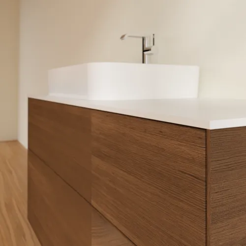 VILLEROY BOCH Toaletní skříňka Finion, s osvětlením, 3 výsuvy, 1200 x 603 x 501 mm, ořechová dýha / ořechová dýha / sklo bílé matné #F401GNGN, obrázek 6