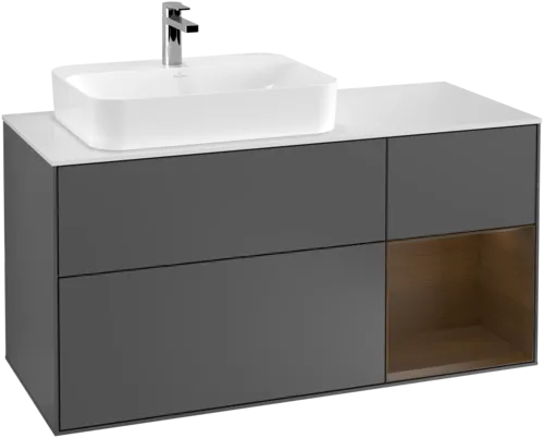 VILLEROY BOCH Toaletní skříňka Finion, s osvětlením, 3 výsuvy, 1200 x 603 x 501 mm, antracit matný lak / ořechová dýha / sklo bílé matné #F401GNGK, obrázek 1