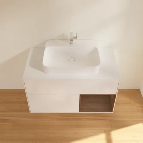 VILLEROY BOCH Toaletní skříňka Finion, s osvětlením, 2 výsuvy, 1000 x 603 x 501 mm, lesklý bílý lak / ořechová dýha / sklo bílé matné #F371GNGF, obrázek 4