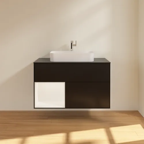 VILLEROY BOCH Umyvadlová skříňka Finion, s osvětlením, 2 výsuvy, 1000 x 603 x 501 mm, černý matný lak / bílý matný lak / černé matné sklo #F362MTPD, obrázek 3