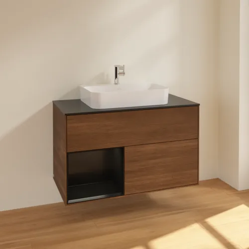 VILLEROY BOCH Toaletní skříňka Finion, s osvětlením, 2 výsuvy, 1000 x 603 x 501 mm, ořechová dýha / černý matný lak / černé matné sklo #F362PDGN, obrázek 2
