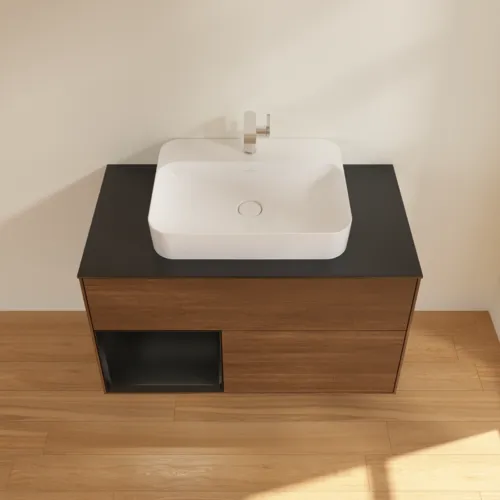 VILLEROY BOCH Toaletní skříňka Finion, s osvětlením, 2 výsuvy, 1000 x 603 x 501 mm, ořechová dýha / černý matný lak / černé matné sklo #F362PDGN, obrázek 4