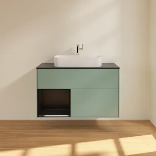 VILLEROY BOCH Toaletní skříňka Finion, s osvětlením, 2 výsuvy, 1000 x 603 x 501 mm, olivový matný lak / černý matný lak / černé matné sklo #F362PDGM, obrázek 3