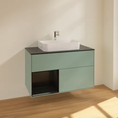 VILLEROY BOCH Toaletní skříňka Finion, s osvětlením, 2 výsuvy, 1000 x 603 x 501 mm, olivový matný lak / černý matný lak / černé matné sklo #F362PDGM, obrázek 2