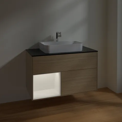 VILLEROY BOCH Toaletní skříňka Finion, s osvětlením, 2 výsuvy, 1000 x 603 x 501 mm, dubová dýha / bílý matný lak / sklo černé matné #F362MTPC, obrázek 5
