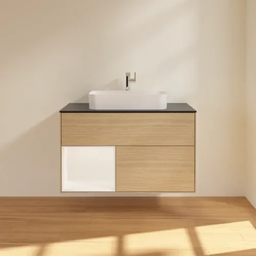 VILLEROY BOCH Toaletní skříňka Finion, s osvětlením, 2 výsuvy, 1000 x 603 x 501 mm, dubová dýha / bílý matný lak / sklo černé matné #F362MTPC, obrázek 3