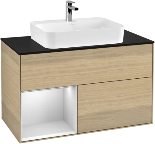 VILLEROY BOCH Toaletní skříňka Finion, s osvětlením, 2 výsuvy, 1000 x 603 x 501 mm, dubová dýha / bílý matný lak / sklo černé matné #F362MTPC, obrázek 1