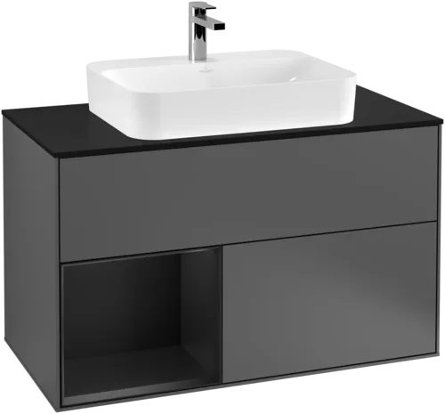 VILLEROY BOCH Toaletní skříňka Finion, s osvětlením, 2 výsuvy, 1000 x 603 x 501 mm, antracitový matný lak / černý matný lak / černé matné sklo #F362PDGK, obrázek 1