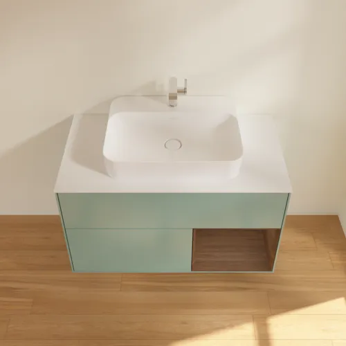 VILLEROY BOCH Toaletní skříňka Finion, s osvětlením, 2 výsuvy, 1000 x 603 x 501 mm, olivový matný lak / ořechová dýha / sklo bílé matné #F371GNGM, obrázek 4